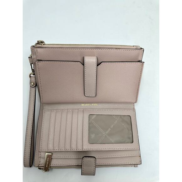 Michael Kors Jet Set Travel Double Zip Wristlet Pink Gold Bi Fold Wallet MK Logo - Picture 3 of 9